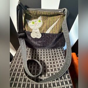 NWOT Handcrafted Cat Appliqué Crossbody Boho Bag Velvet and Textured Fabric